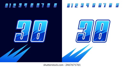 number 38 with blue racing effects, for racing, sports, racing workshops