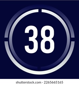 Number 38 design for business, print, books, movies, time-counting, companies in white, blue and blue gradient colors with half circles.