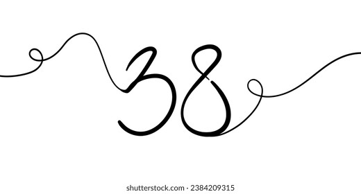 Number 38 line art drawing on white background. Anniversary 38th birthday continuous drawing contour. Minimal vector illustration