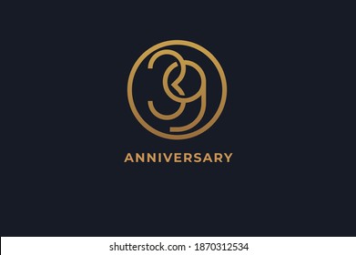 Number 39 logo, gold line circle with number inside, usable for anniversary and invitation, golden number design template, vector illustration