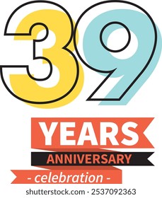 number 39 years anniversary celebration logo style black line with yellow and blue color, isolated on white background.