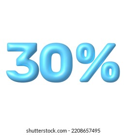 Number 3D icon. Blue glossy 30 percent discount vector sign. 3d realistic design element. Vector illustration.