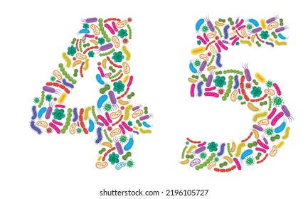 Número 4 5 hecho de bacterias aisladas en fondo blanco, fuente de bacterias. Ilustración vectorial.