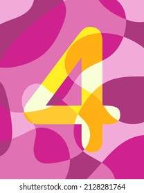 Number 4 of abstract smooth rounded shapes. Contrasting yellow number on a pink background. Vector illustration