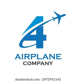 Número 4 con la ilustración de la Plantilla del logotipo del avión. conveniente para el transporte, marca, viaje, agencia, Web, etiqueta, red, comercialización etc