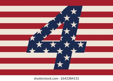 Number 4 with American flag pattern on striped background. Patriotic USA theme. Independence Day celebration. Design for banner, poster, greeting card, invitation, postcard, print