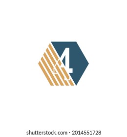 Número 4 detrás del hexágono con vector de diseño de tiras