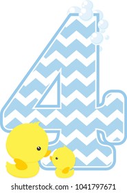 number 4 with bubbles and little baby rubber duck isolated on white background. can be used for baby boy birth announcements, nursery decoration, party theme or birthday invitation