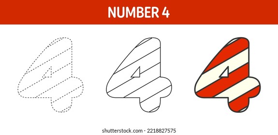 Number 4 Candy Cane, tracing and coloring worksheet for kids