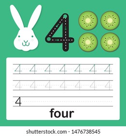 Number 4, card for kids learning to count and to write, worksheet for kids to practice writing skill, Vector illustration
