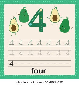Number 4, card for kids learning to count and to write, worksheet for kids to practice writing skill, Vector illustration