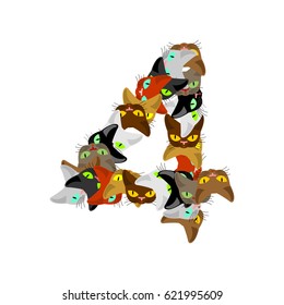 Number 4 cat font. Cats number four. Pet alphabet sign. home animal ABC
