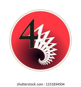 number 4 circular label with fractal spiral tail pattern in red and white