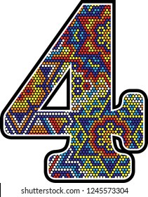 number 4 with colorful dots abstract design with mexican huichol art style isolated on white background