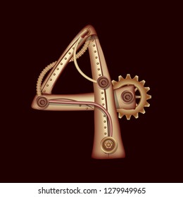 Number 4 from the complete set of characters of the font. Mathematical symbol. Copper and brass fantasy mechanical steampunk construction with tubes, gears and rivets.