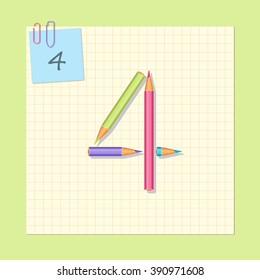 The number 4 consists of colored pencils. The number 0. Vector illustration