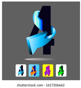 Number 4 creative logo illustration .3D glossy blue 