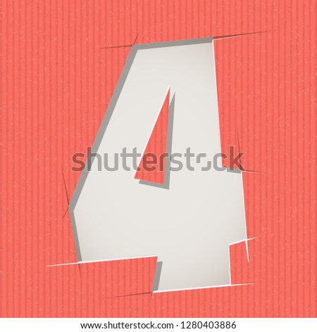 Number 4 cut out on a cardboard. Vector paper alphabet