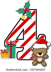 number 4 with cute teddy bear and christmas design elements isolated on white background. can be used for holiday season card, nursery decoration or christmas celebration invitation
