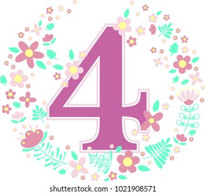 number 4 with decorative flowers and design elements isolated on white background. can be used for baby girl birth,age,birthday, nursery decoration, spring themes or anniversary invitation