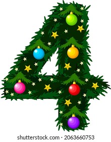 Number 4. Design of the Christmas alphabet and numbers. Christmas tree with toys. Vector illustration on a white background.