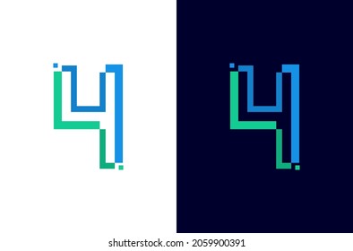 Number 4 digital logo. Technology design with pixel icon. Number four electric font