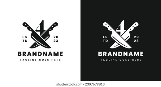 Number 4 Double Knife Logo, Suitable for any business related to knife with 4 initial.