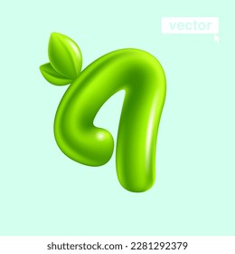Number 4 eco logo. Four sign with green leaves. 3D realistic and cartoon balloon style. Glossy vector illustration. Perfect for agriculture banners, vibrant adv, waste recycling art, healthy food.