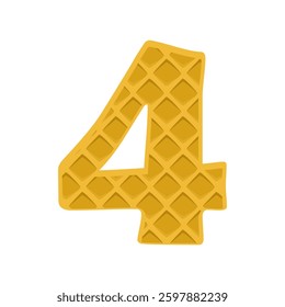 Number 4 element waffle. Crunchy waffle in the shape of number Four. Vector illustration. Alphabet, letters, numbers and signs made from cookie, waffle.