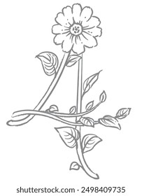 Number 4. Flolal font. Vector illustration.