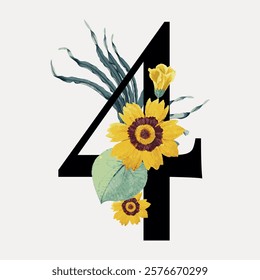 Number 4 with floral design. Sunflowers and leaves decorate the number. Floral number 4 with yellow flowers. Elegant floral number art. Vintage illustration isolated on white, vector.