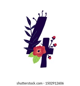 Number 4 in flowers and plants. Vector. Number in decorative elements for inscriptions. Company logo. Poster or monogram. Health and beauty. Eco products. Flower shop.