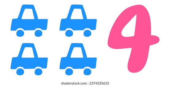 Number 4. Four cars. Counting. Study for kids. Vector illustration on white background.