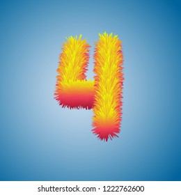 Number 4 Four Festive Illustration on Blue Background, Number 4  from Fur Alphabet, High Quality Shaggy Letter 4, Poster or Brochure Template, Vector Illustration