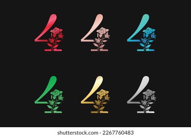 Number 4 Four With Flowers And Leaves Vector