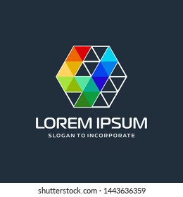 Number 4 four and hexagon logo design, with colorful triangle pixel , technology digital concept - Vector