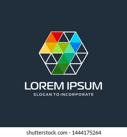 Number 4 four and hexagon logo design, with colorful triangle pixel , technology digital concept - Vector