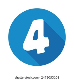 Number 4 four icon vector illustration, flat design icon with long shadow, blue circle shape icon