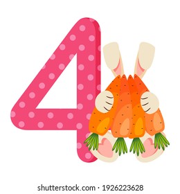 Number 4 four for kids. Learn to count with funny bunny. Vector illustration.