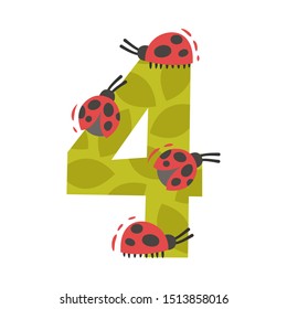 Number 4 and four ladybugs. Vector illustration on a white background.