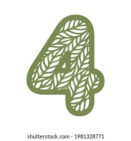 Number 4 (four) with leaf pattern. Spring or summer font with floral ornaments. Decorative element for eco sign, logo, icon. Green digit on a white background. Flat style. Vector illustration.