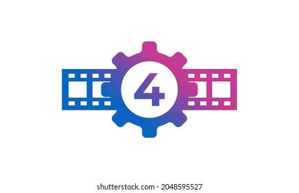 Number 4 Gear Cog Wheel with Reel Stripes Filmstrip for Film Movie Cinema Production Studio Logo Inspiration