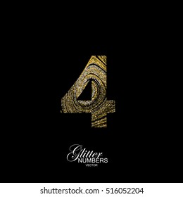 Number 4 of golden and silver glitters. Typographic vector element for design. Part of marble texture imitation alphabet. Digit four with diffusion glitter lines swirly pattern. Vector illustration