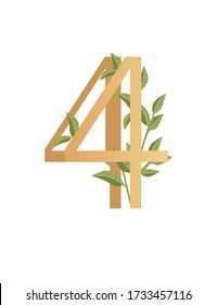 Número 4 con estilo degradado color beige cubierto con hojas verdes eco fuente vectorial plana ilustración aislado en fondo blanco
