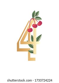 Number 4 with gradient style beige color covered with green leaves and red berries eco font flat vector illustration isolated on white background