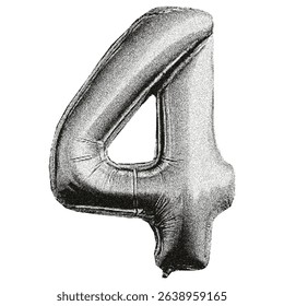Number 4 with a grainy, dotted texture. Foil balloon shaped like the number 4. Great for Y2K-themed collages, cards, posters, or prints. Halftone photocopy effect
