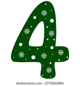 number 4 green color, snowflake pattern, winter letters, vector illustration