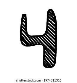 The number 4. Grunge ink alphabet, isolated on white background. Hand drawn with ink. Vector illustration.