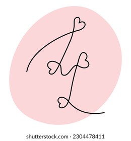 Number 4 handwritten in one continuous line with hearts against a background of trendy pink. Vector