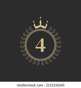 Number 4 Heraldic Royal Frame with Crown and Laurel Wreath. Simple Classic Emblem. Round Composition. Graphics Style. Art Elements for Logo Design Vector Illustration